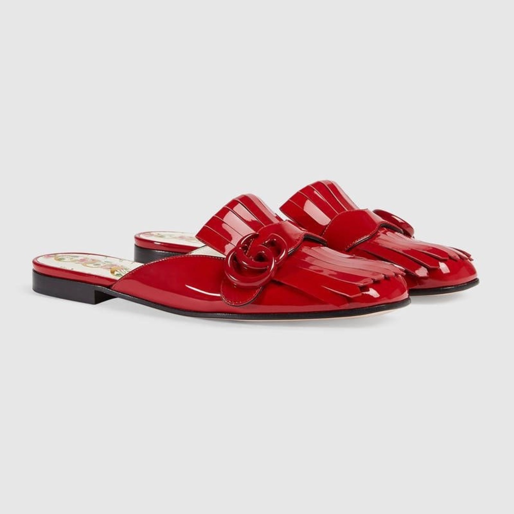 Gucci Red Patent Leather Fringe Slide Loafers